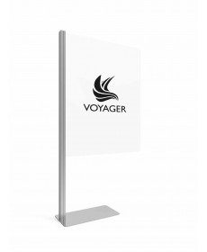 floor standing sneeze shield with clear acrylic panel with custom print