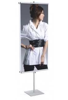 Height adjustable Retail banner stand with banner haging dowels